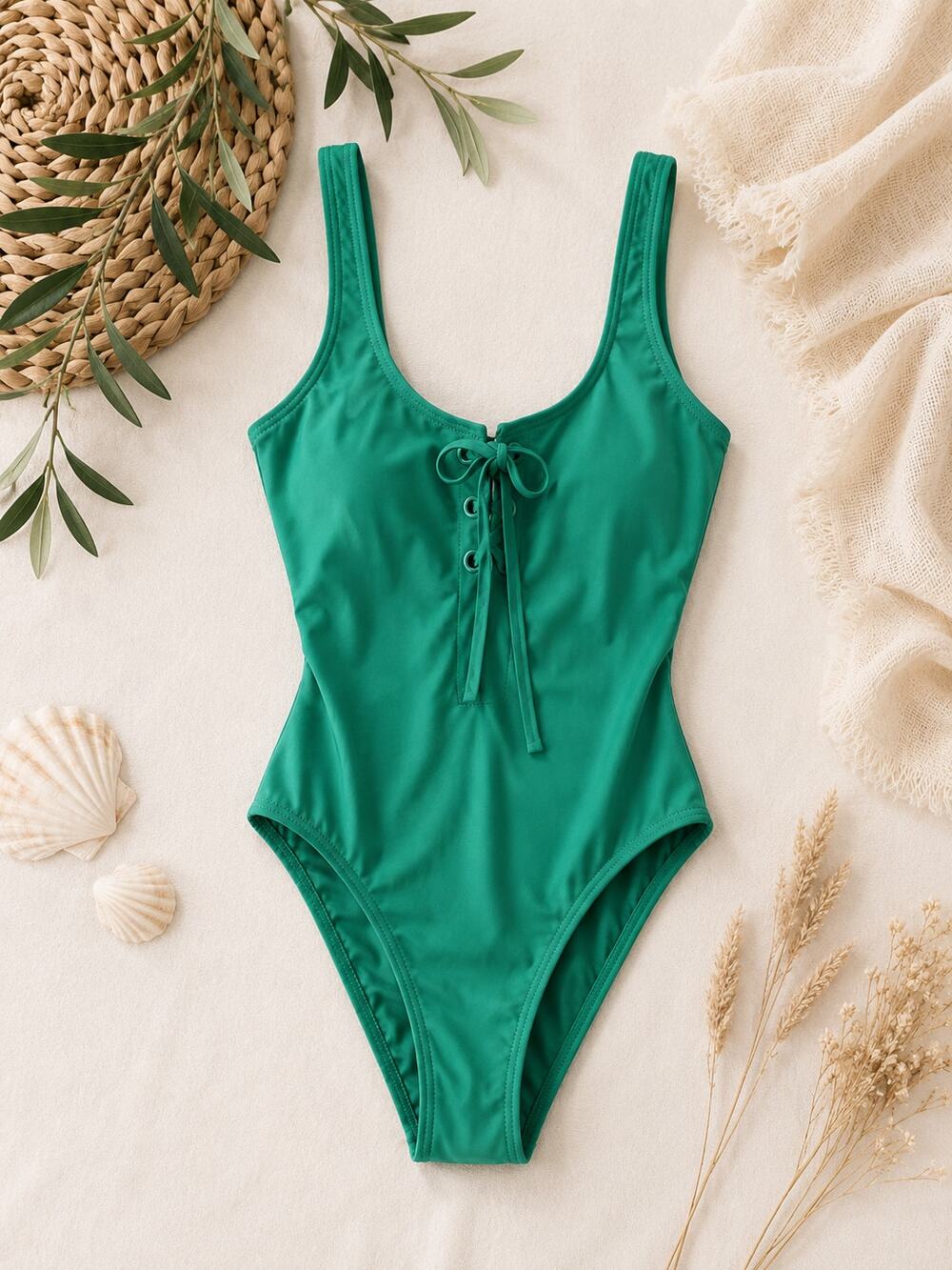 NWT Aerie Women's Lace Up Grommet Scoop One Piece Swimsuit Green Size XS